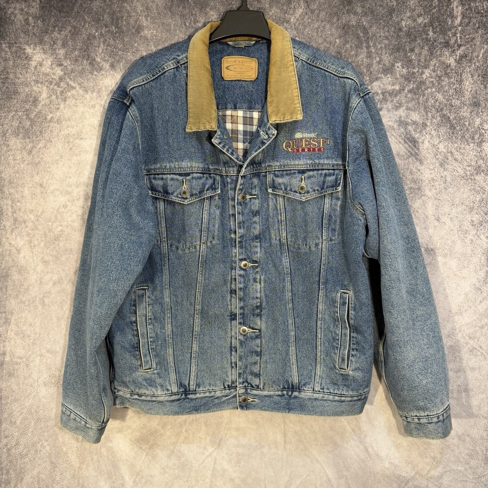 swingster‎ Men's Jean Jacket Corduroy Collar Plaid Quilt Lined L Heavy Logo